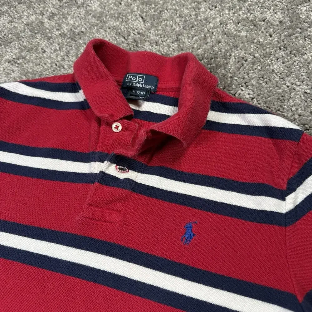 VTG‎ 90s Polo Ralph Lauren Striped Polo Shirt Medium 10-12 Red White Blue USA